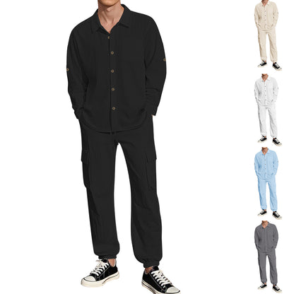 Long Sleeve Lapel Linen Shirt Overalls Suit