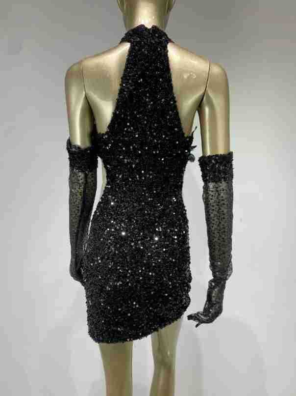 Halter Feather Sequins Short Hip Skirt Dress with Gloves