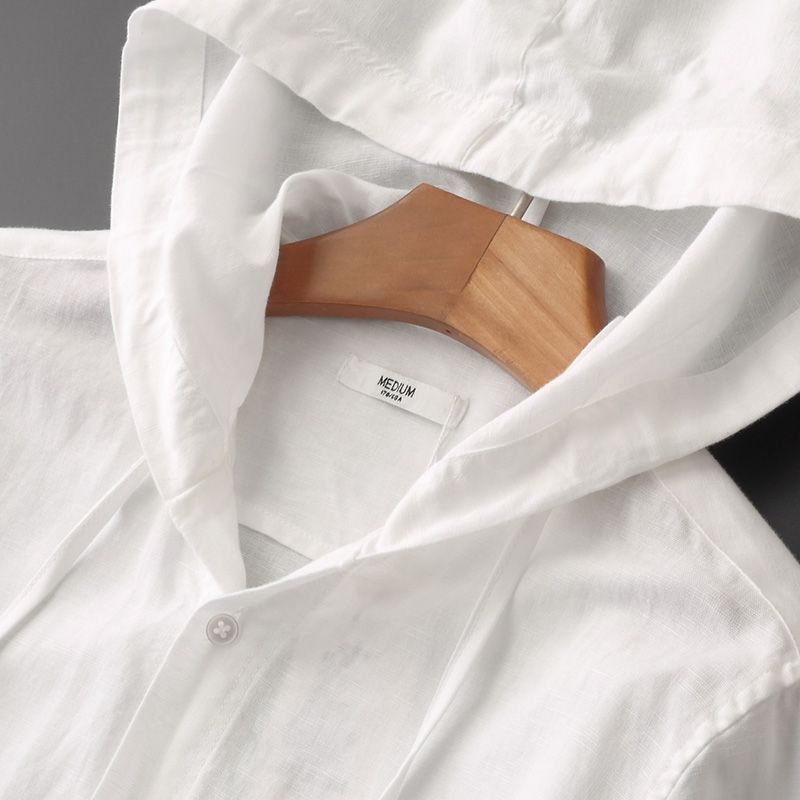 Men's Hooded Tether Thin Loose Long Linen Sleeves Shirt