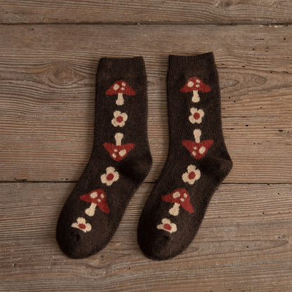 Medium Tube Thickened Brown Mushroom Wool Socks for Women