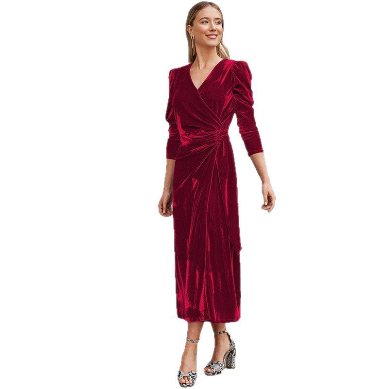 Women's polyester dress, French style, V-neck, elegant, evening sleeve.