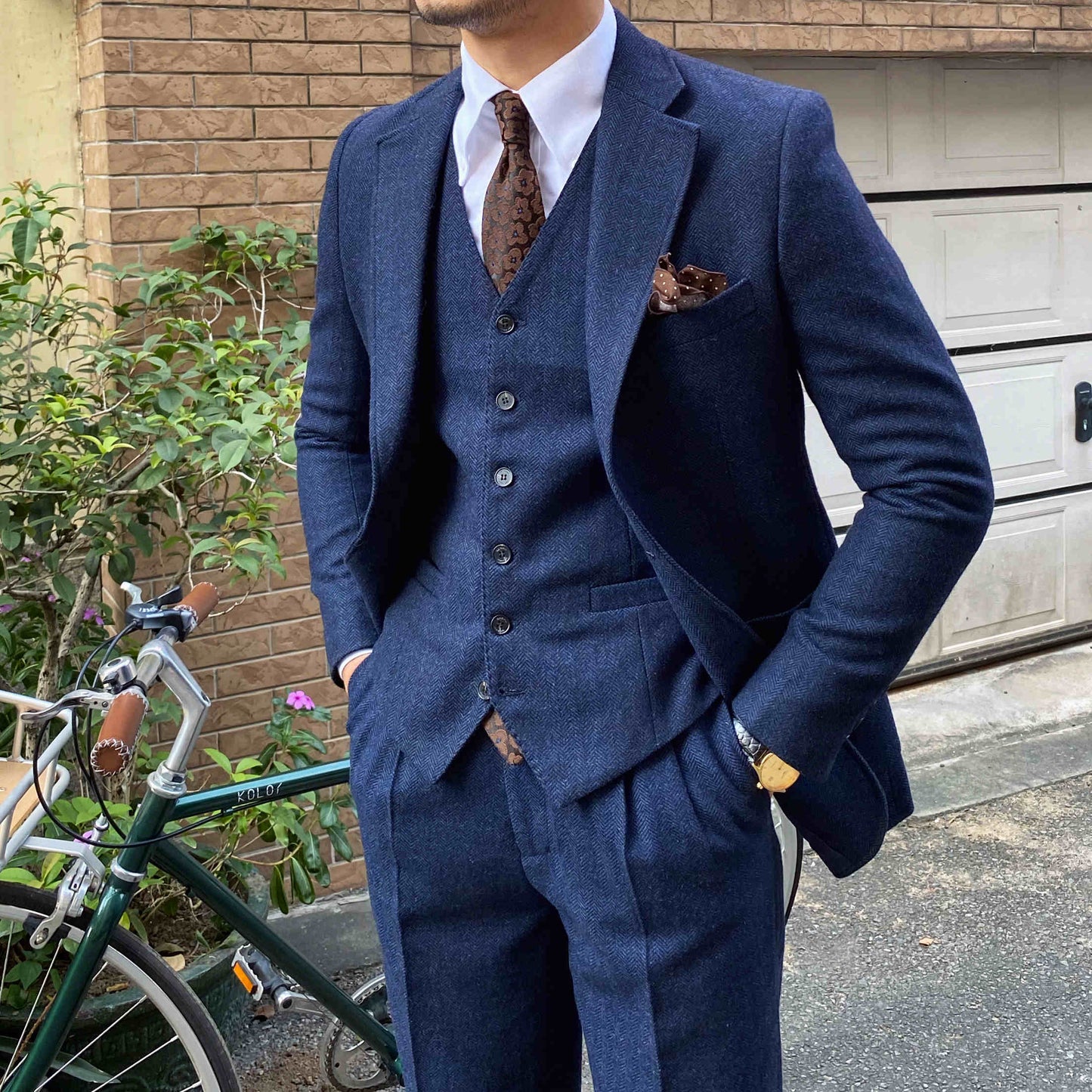 Men's Autumn Winter Retro Herringbone Wool Slim Fit Suits