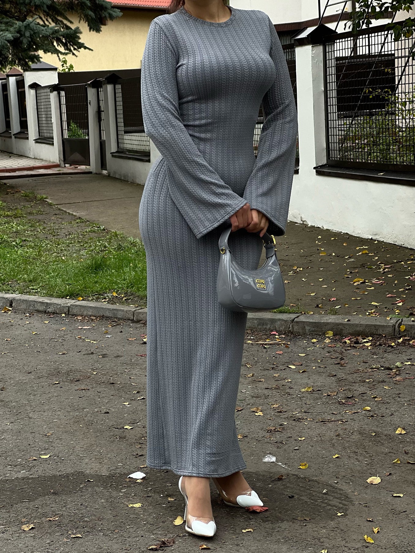 Grey Ribbed Knit Maxi Dress With Long Sleeves
