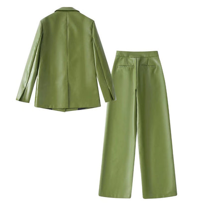 Women Casual Loose Fitting Suit Pants Faux Leather Set