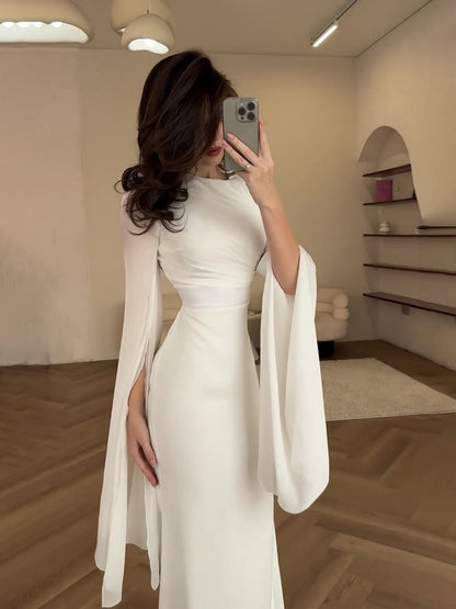 Elegant Summer Sleeve Contrast Chiffon & Satin Maxi Dress With Flared Cuffs - Slim Fit Long Dress For Women