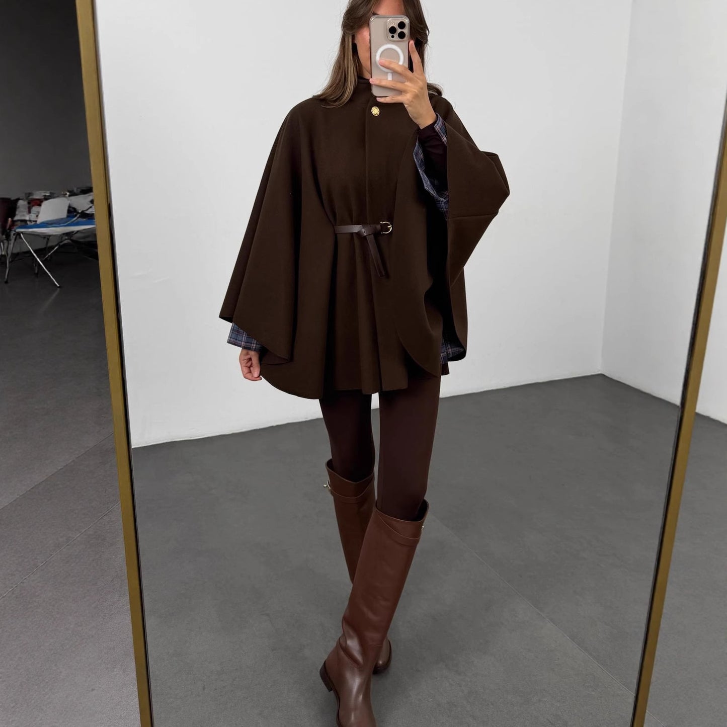 Winter Elegant Style Solid Color Waist Tight Woolen Cape Coat Medium Length