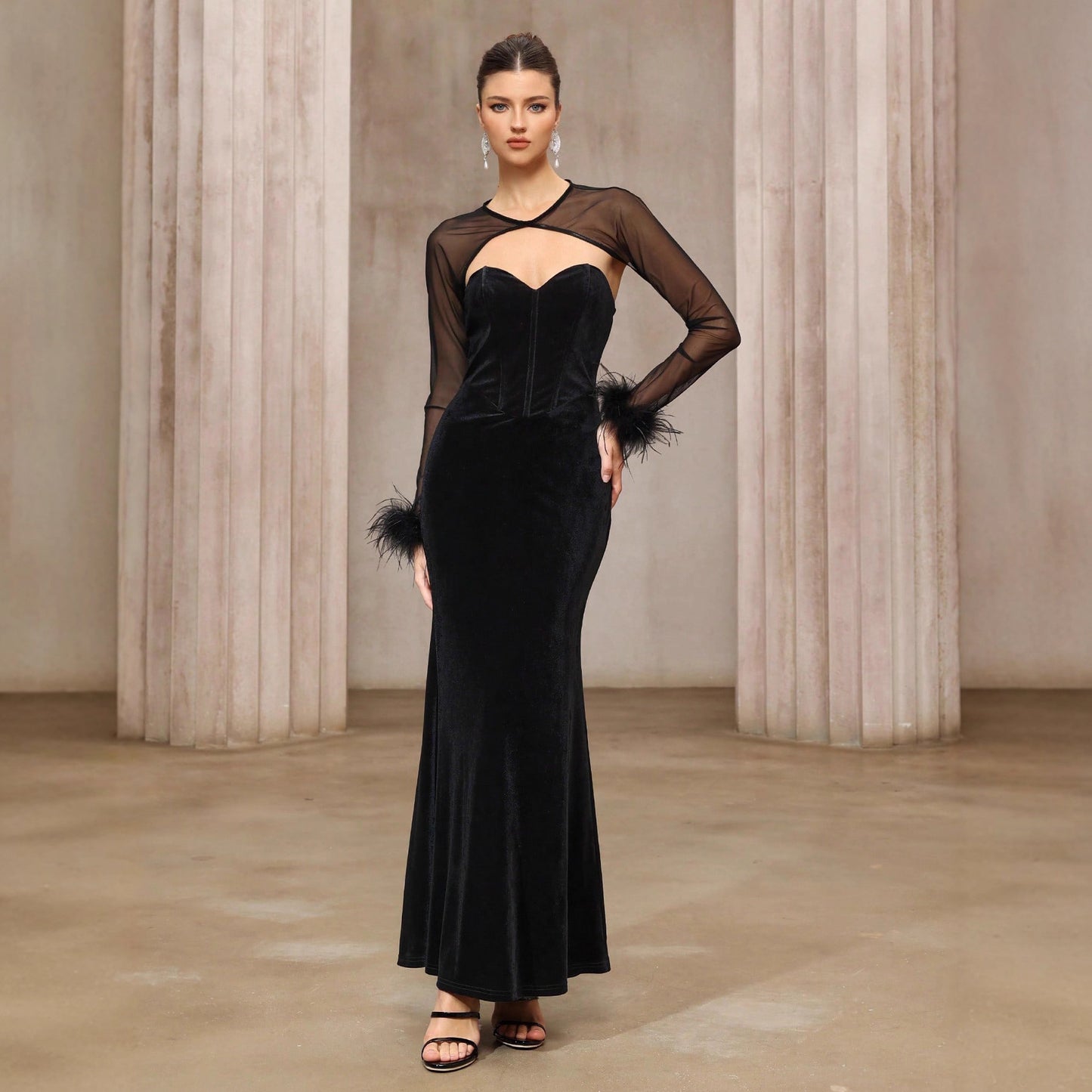 Semi-transparent Mesh Velvet Tube Top Dress Two-Piece Set