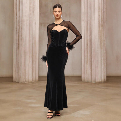 Semi-transparent Mesh Velvet Tube Top Dress Two-Piece Set