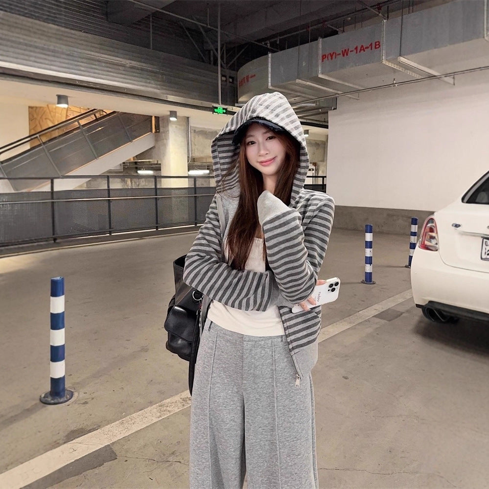 Gray Striped Hooded Sweater Women's Loose Casual