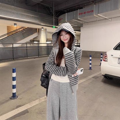 Gray Striped Hooded Sweater Women's Loose Casual