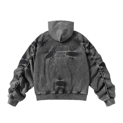 Winter American Retro Washed Distressed Hooded Fleece Lined Sweater