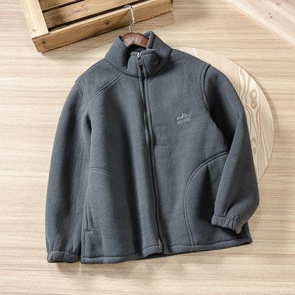 Men's Embroidered Polar Fleece Jacket, Solid Color, All-match Casual
