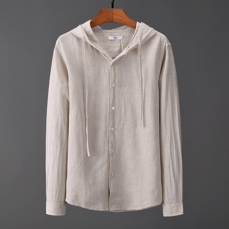 Men's Hooded Tether Thin Loose Long Linen Sleeves Shirt