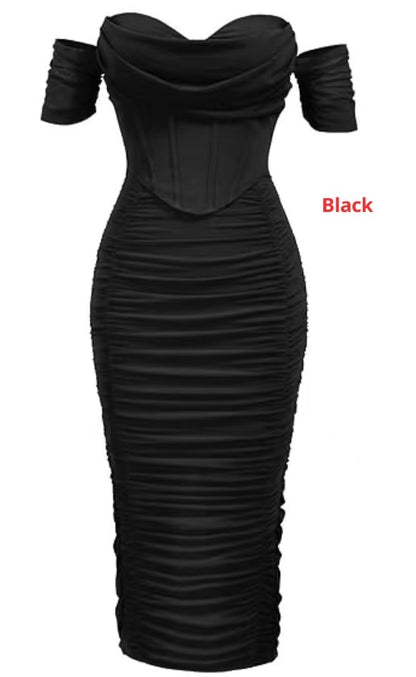 Cold-shoulder Bodycon Corset Pleated Mid-length Dress
