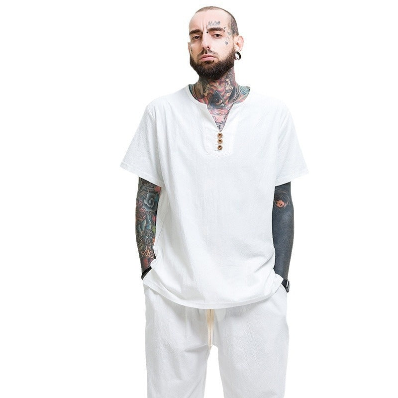 Loose Cotton and Linen Men's T-Shirt