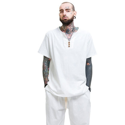 Loose Cotton and Linen Men's T-Shirt
