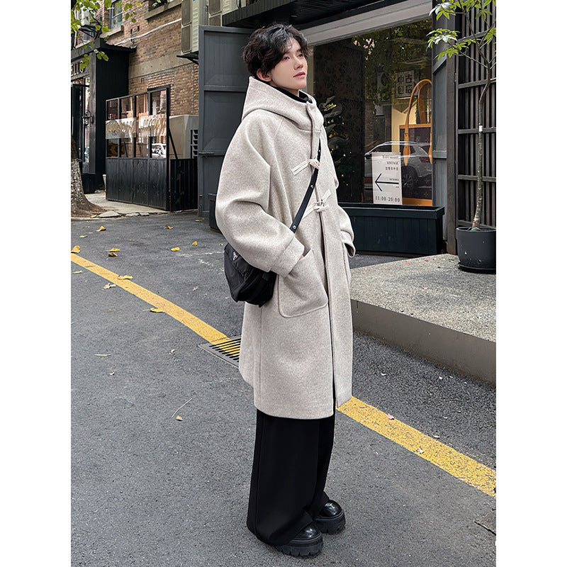 High-grade Woolen Horn Button Hooded Coat Medium length