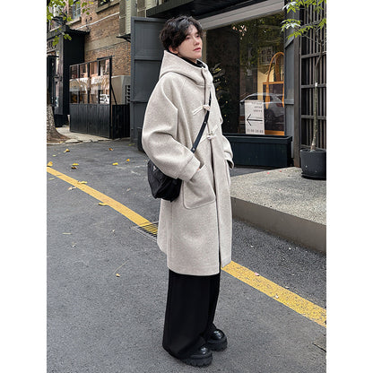 High-grade Woolen Horn Button Hooded Coat Medium length