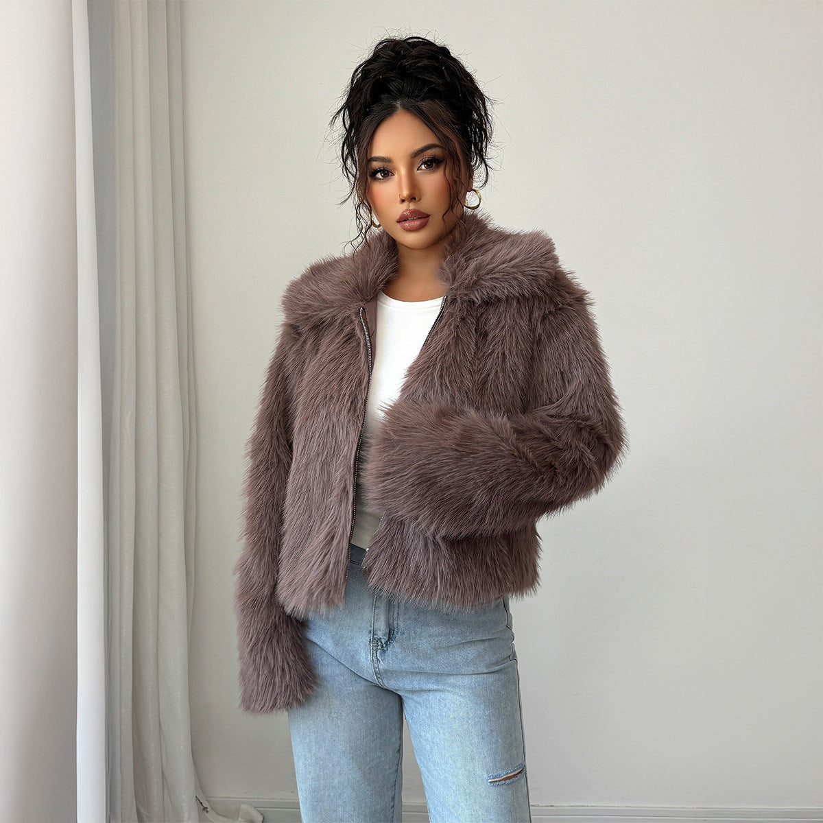 Elegant Elegant Style All-match Fluff Long-sleeved Overcoat Coat For Women