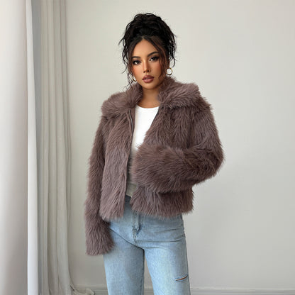 Elegant Elegant Style All-match Fluff Long-sleeved Overcoat Coat For Women