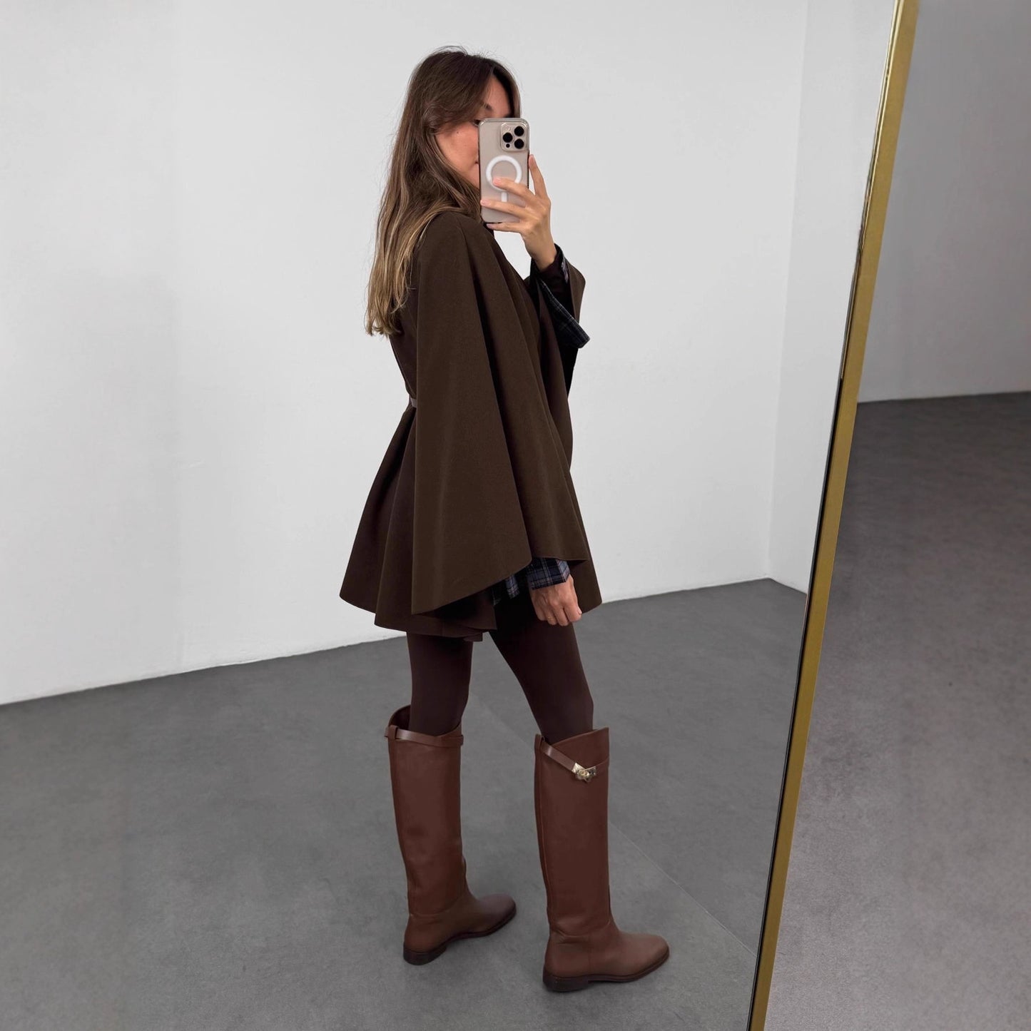 Winter Elegant Style Solid Color Waist Tight Woolen Cape Coat Medium Length
