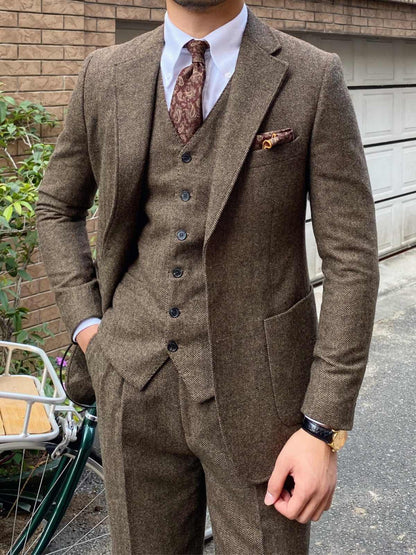 Men's Autumn Winter Retro Herringbone Wool Slim Fit Suits