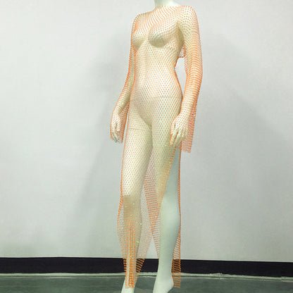 Women's Rhinestone Fishnet Mesh Sexy Slit Fishnet Dress