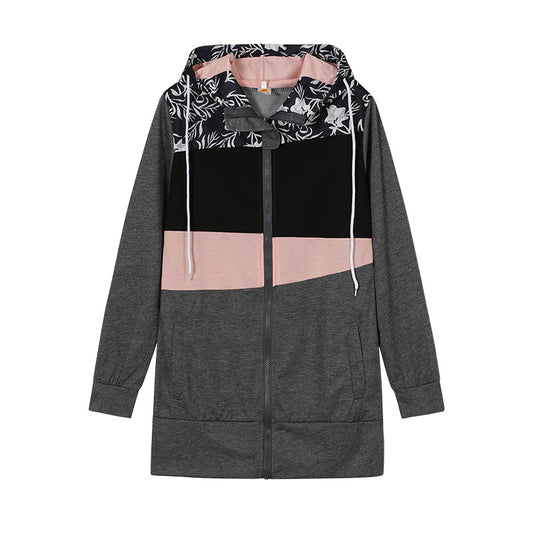 Plus Size Women's Color-Block Hooded Jacket, Full-Zip Long Sleeve Casual Blazer Coat For Winter Formal And Daily Wear