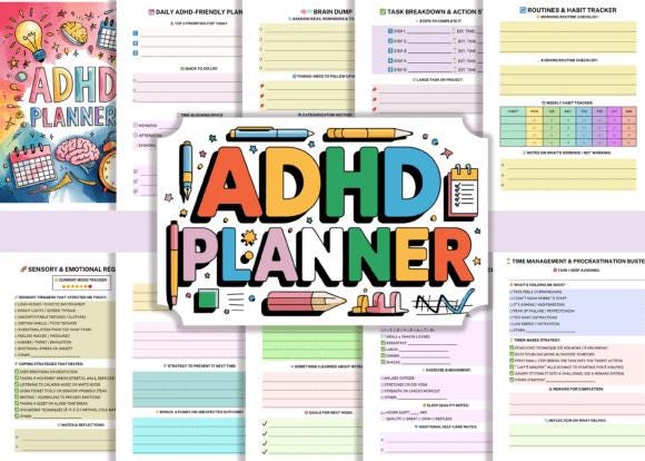 ADHD planner, Digital planner, Daily planner, Weekly meal planner.