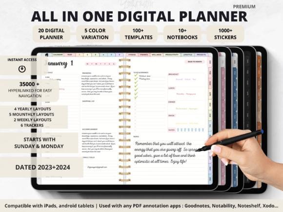 Digital Planner, Digital Calendar, All-in-One Digital Planner, Daily Planner, Weekly Planner