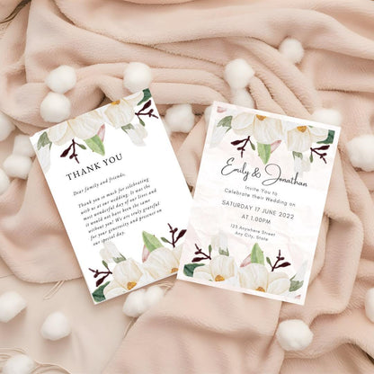 Floral Wedding Invitation &amp; Thank You Card Set | Editable Magnolia Template | Stationery Rustic Wedding Printable | Boho Wedding Suite