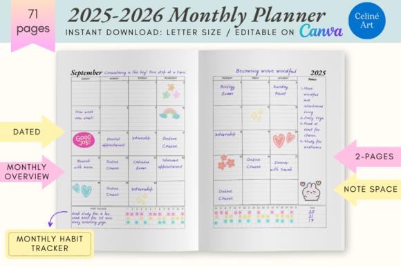 Monthly planner template 2025-2026: Habit tracker, editable Canva (PDF)