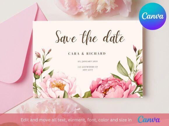 Floral Wedding Invitation Template: Beige Pink, Customizable 5x7 (Digital Download, Canva Template)